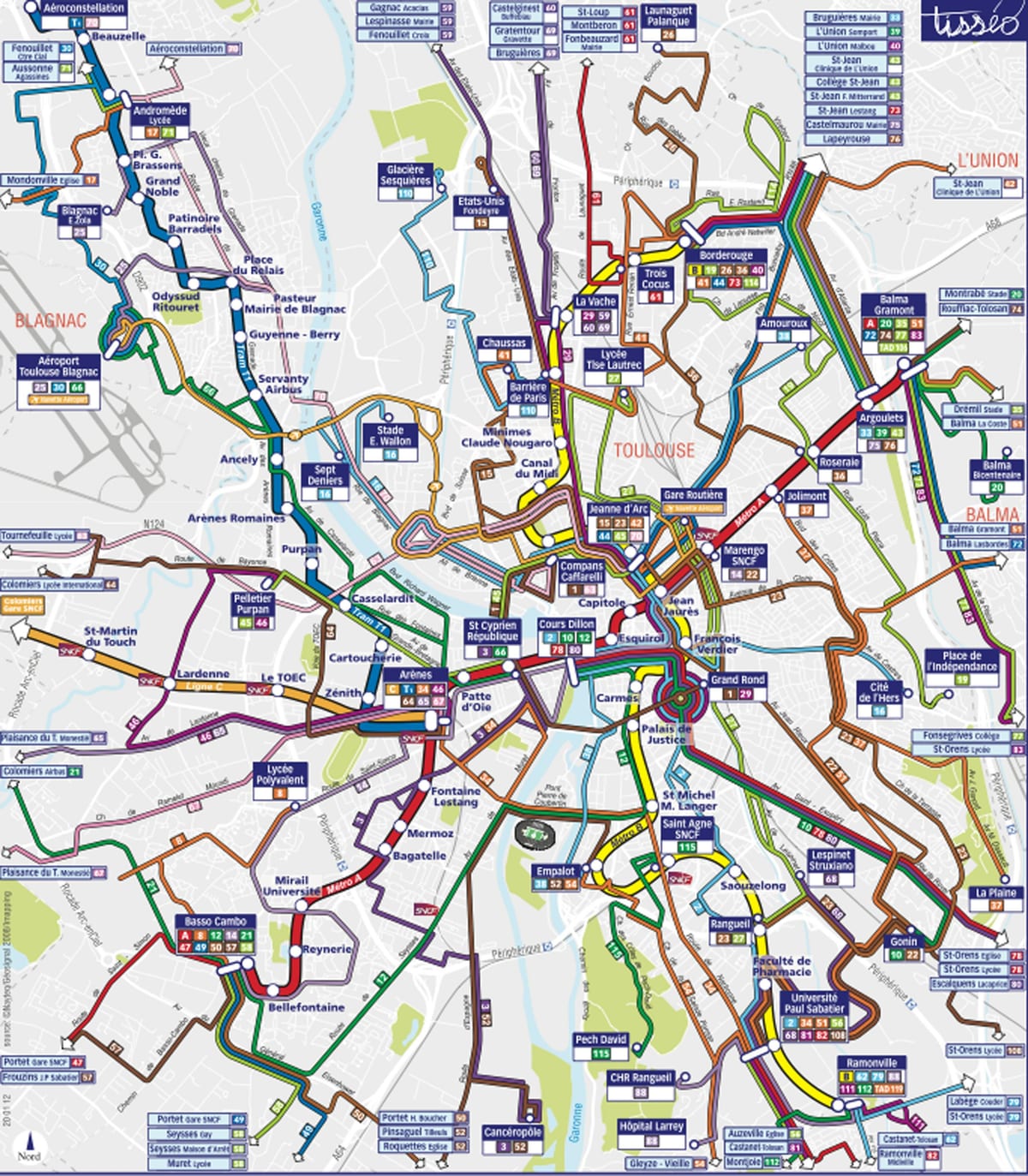 Toulouse autobusové trasy mapě