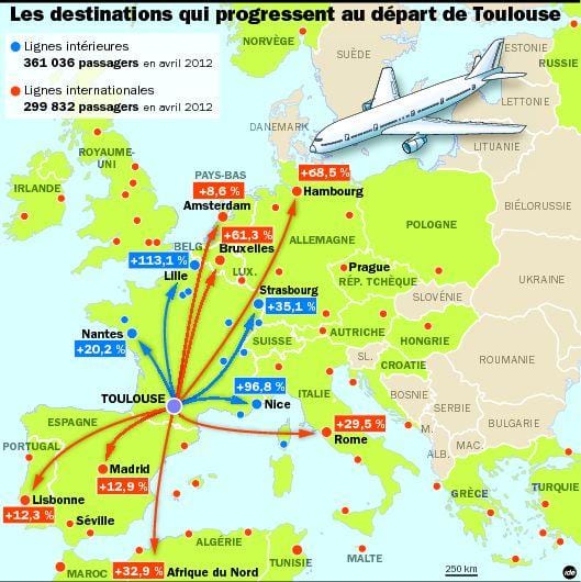 mapa Toulouse destinací letiště