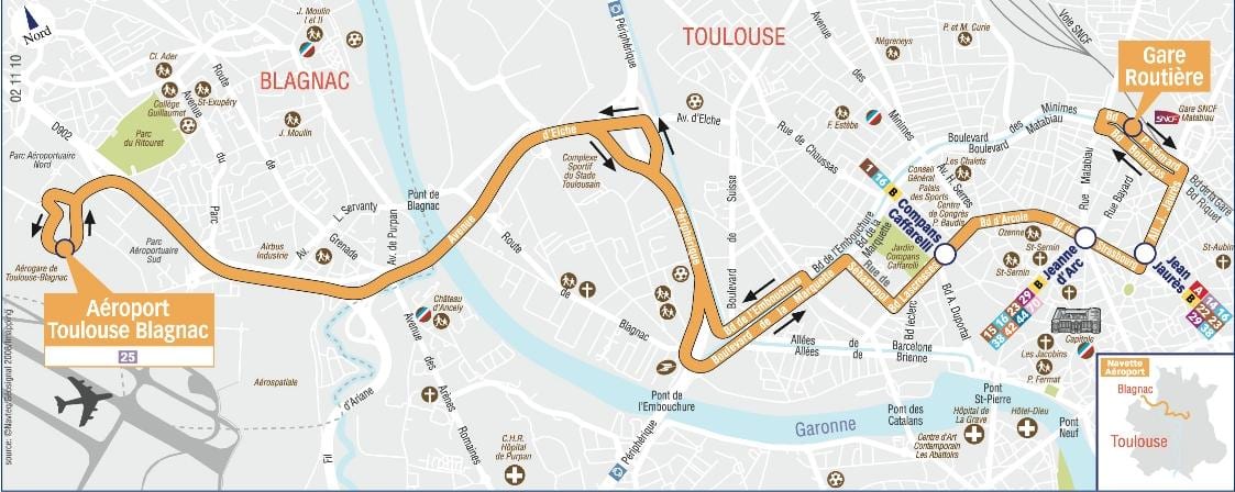mapa Toulouse letiště kyvadlovou trasu 
