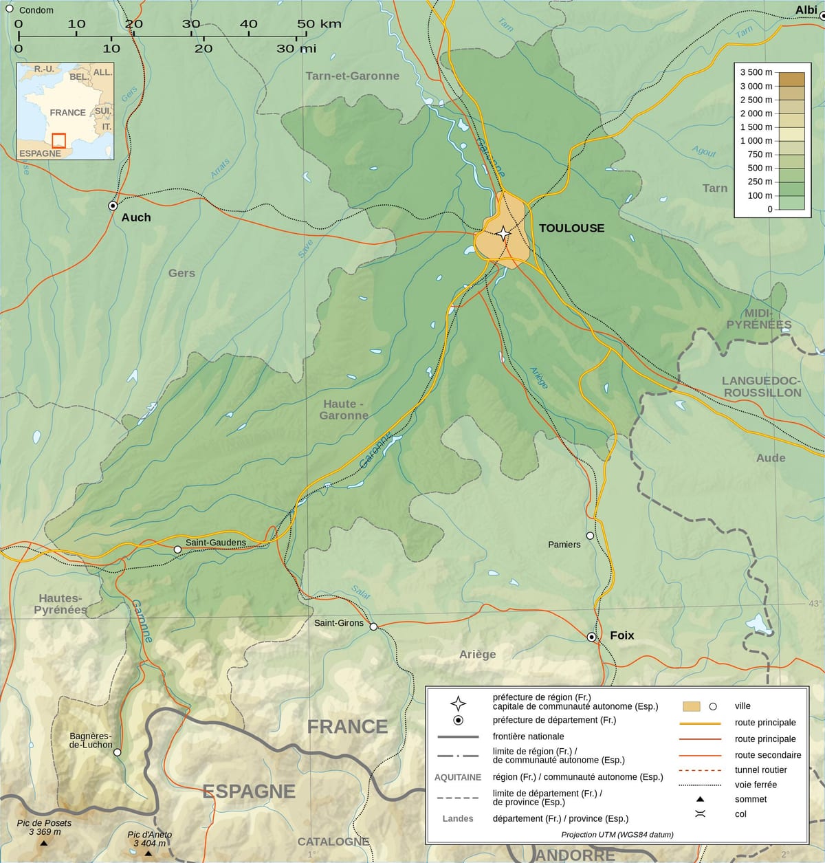 topografická mapa Toulouse