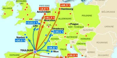 Mapa Toulouse destinací letiště